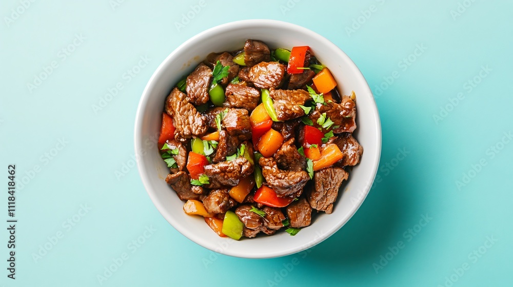 Ginger beef stir fry served in a modern white bowl, isolated on a soft pastel blue background with minimal garnish Ginger beef stir fry served in a modern white bowl, isolated on a soft pastel blue background with minimal garnish