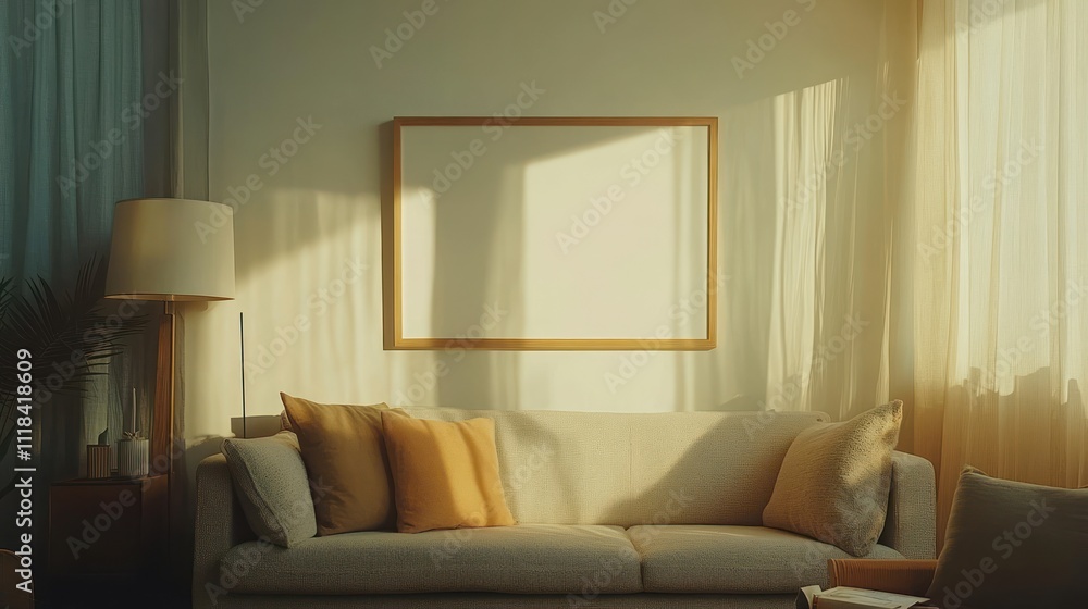 Fototapeta premium Sunlit Living Room Sofa With Blank Framed Artwork