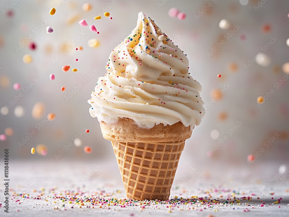 A delightful ice cream cone topped with fluffy whipped cream and colorful sprinkles, set against a soft, blurred background. A delightful ice cream cone topped with fluffy whipped cream and colorful sprinkles, set against a soft, blurred background.