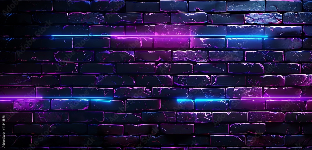 Retro dark brick wall texture with neon purple and blue lights, perfect for futuristic product showcases Retro dark brick wall texture with neon purple and blue lights, perfect for futuristic product showcases