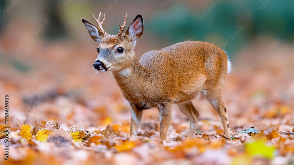 Young Buck in Autumn Leaves: A young male deer, with velvet antlers, stands alert in a bed of fallen autumn leaves. The soft light filtering through the trees creates a warm, inviting atmosphere. Young Buck in Autumn Leaves: A young male deer, with velvet antlers, stands alert in a bed of fallen autumn leaves. The soft light filtering through the trees creates a warm, inviting atmosphere.
