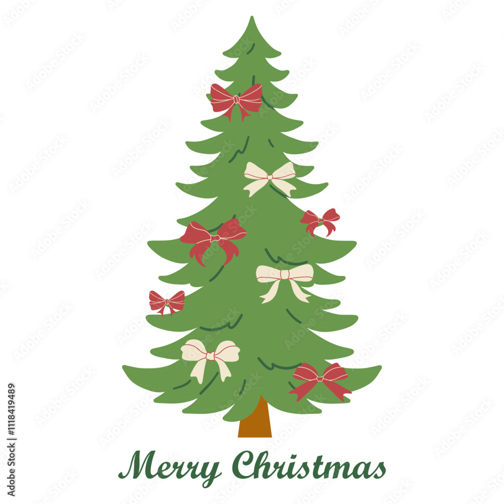 Merry Christmas simple card on white background with hand written text. Christmas tree flat design with christmas bows. Merry Christmas simple card on white background with hand written text. Christmas tree flat design with christmas bows.