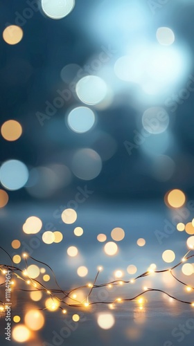 Festive String Lights on Blue Bokeh Background.