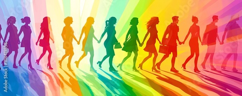 Diverse women holding hands and walking towards rainbow colored light beams