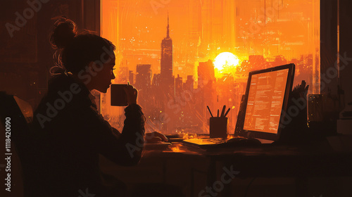 Sitting by the window, the woman sips from a mug, staring intently at her tablet as her fingers hover over the touchscreen, scanning through data while the afternoon sunlight bathe