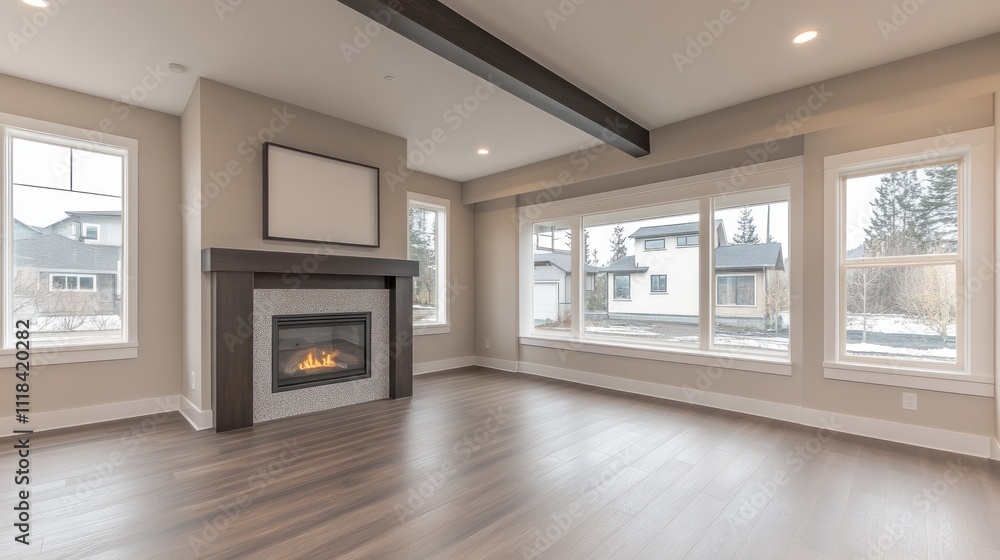 Modern Living Room with Fireplace and Large Windows Modern Living Room with Fireplace and Large Windows