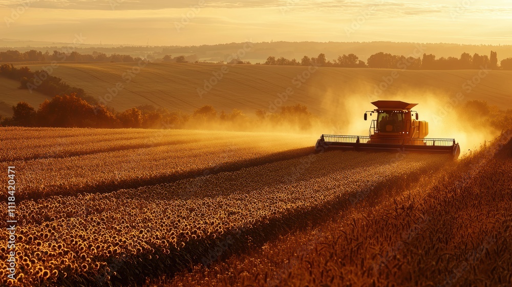 Fototapeta premium Dawn Harvest: Combine Harvester in Golden Sunflower Field for Agricultural Poster