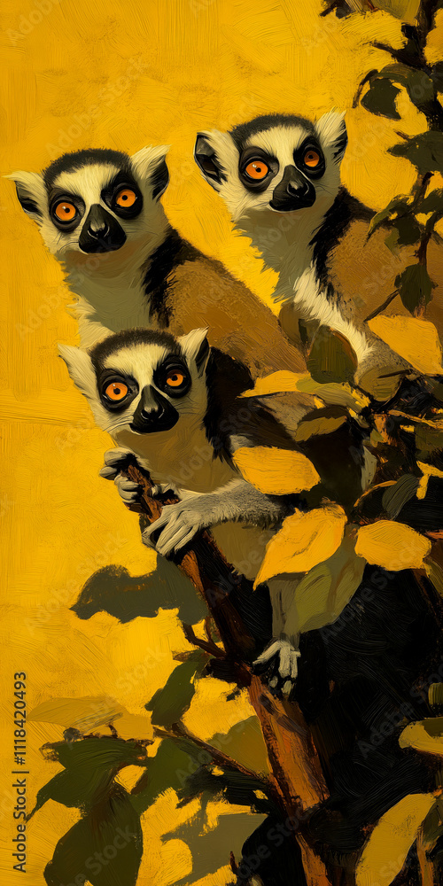 Three ring-tailed lemurs perch on a tree surrounded by leaves, set against a vibrant yellow background, creating striking contrast Three ring-tailed lemurs perch on a tree surrounded by leaves, set against a vibrant yellow background, creating striking contrast