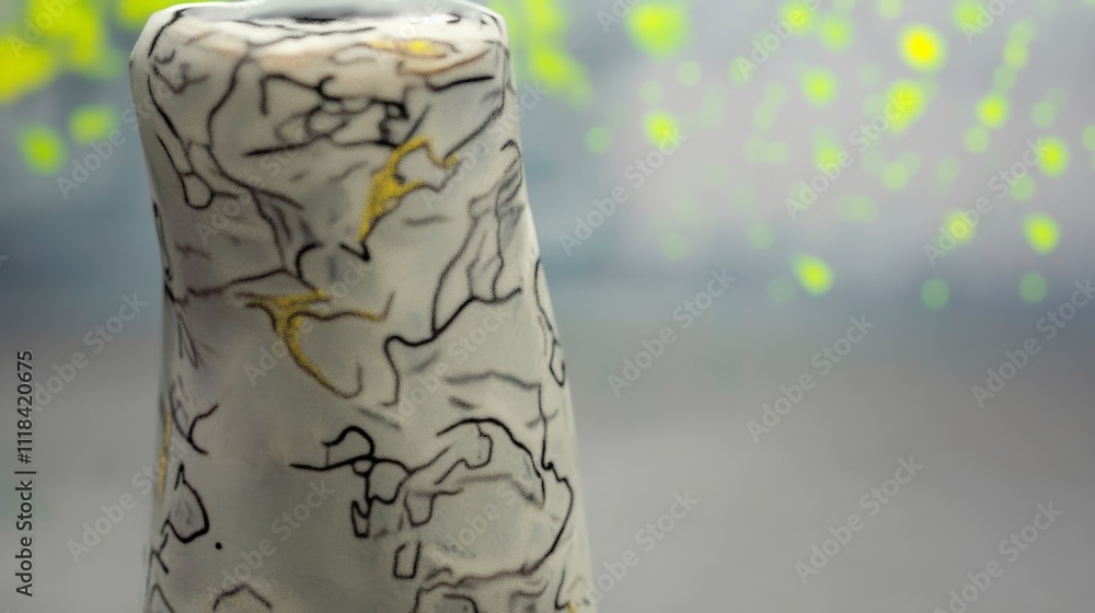 Abstract Ceramic Vase: Close-up of an artisan-crafted ceramic vase, featuring a unique abstract design in black and gold against a muted grey background. The bokeh effect adds depth and intrigue. Abstract Ceramic Vase: Close-up of an artisan-crafted ceramic vase, featuring a unique abstract design in black and gold against a muted grey background. The bokeh effect adds depth and intrigue.