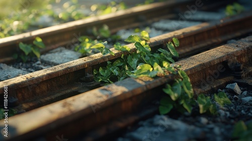 Lush green plants growing between rusty train tracks