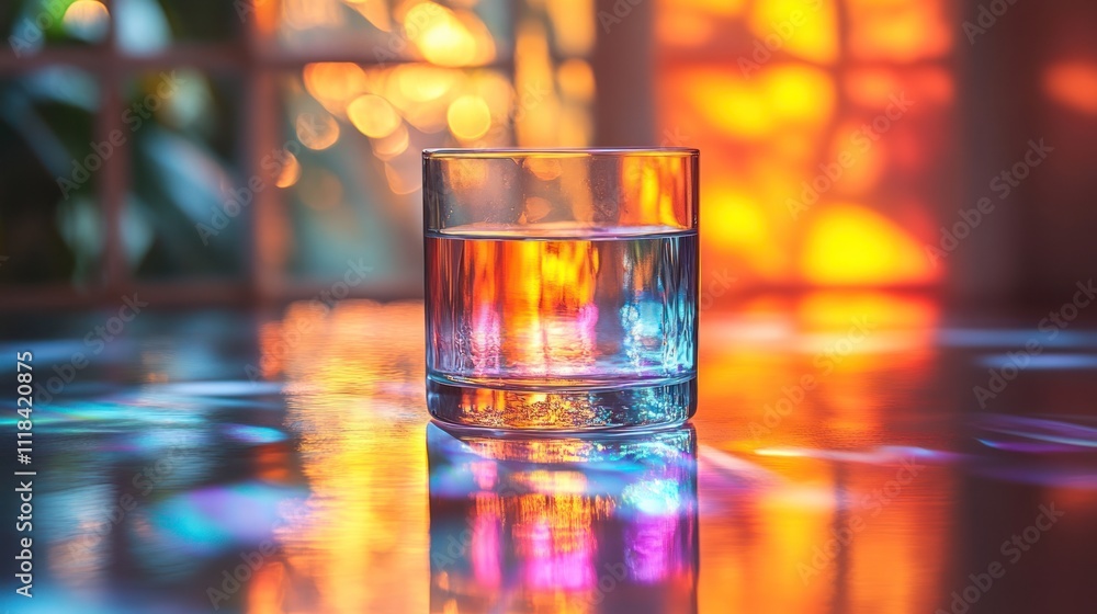 Glass of water on reflective surface with colorful background. Glass of water on reflective surface with colorful background.