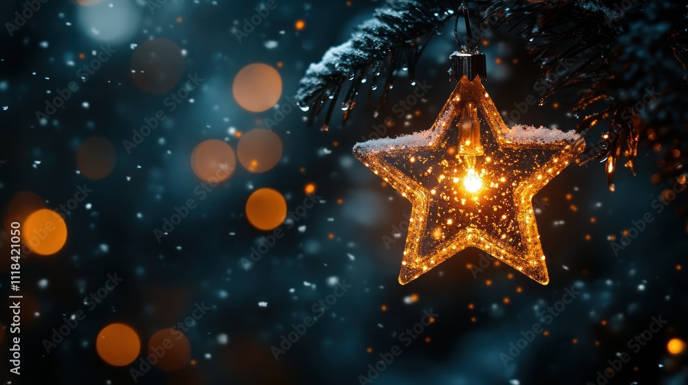 Glowing star ornament on snowy pine branch at night. Glowing star ornament on snowy pine branch at night.