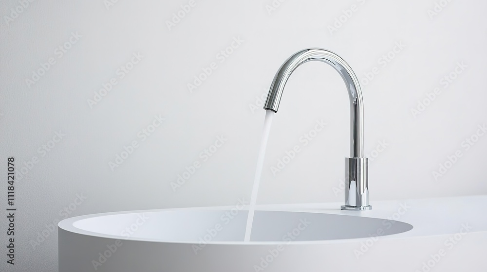 Minimalist sink with water flowing from tap, neutral background Minimalist sink with water flowing from tap, neutral background