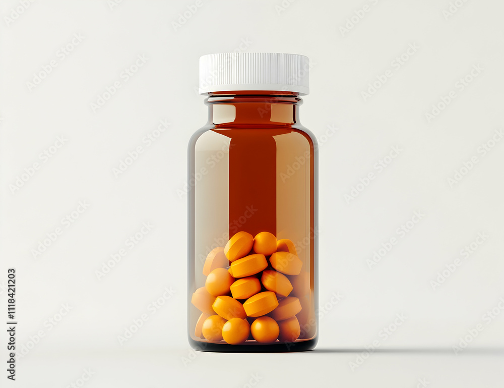 A brown glass bottle with a white cap and orange pills inside, on a plain background A brown glass bottle with a white cap and orange pills inside, on a plain background
