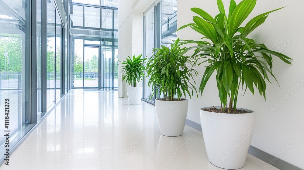 Fototapeta premium Modern Office Corridor with Green Plants and Bright Natural Light