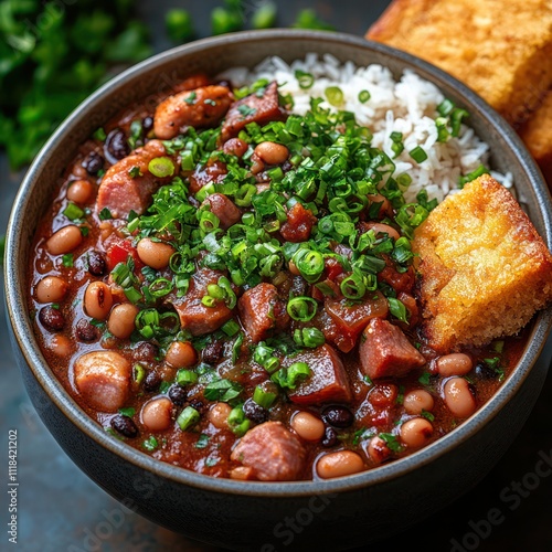 food for the soul, a traditional serving of black-eyed peas with rice and ham hocks, garnished with green onions and served with cornbread photo