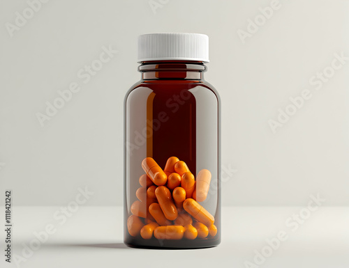 A brown glass bottle with a white cap and orange pills inside, on a plain background