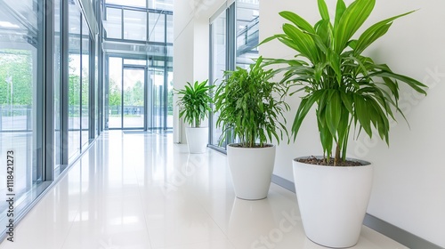 Modern Office Corridor with Green Plants and Bright Natural Light