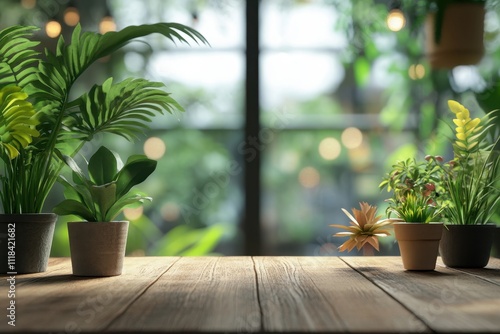 A serene indoor scene showcasing potted plants on a wooden table with a blurred background.