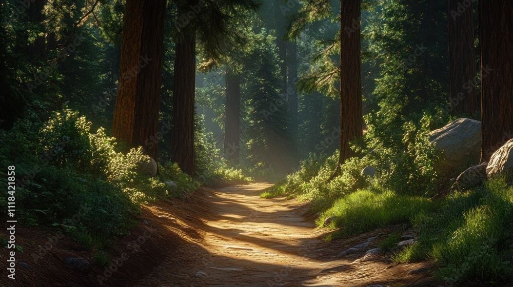 Fototapeta premium Sunlit Forest Path: A Serene Journey Through Redwood Trees