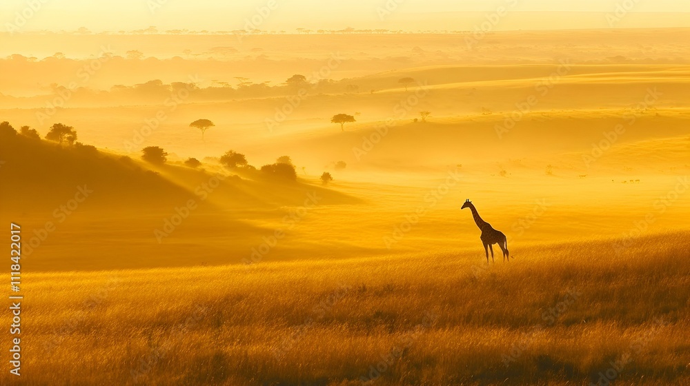 Golden sunrise illuminates a lone giraffe in the African savanna. Serene landscape photography. Golden sunrise illuminates a lone giraffe in the African savanna. Serene landscape photography.
