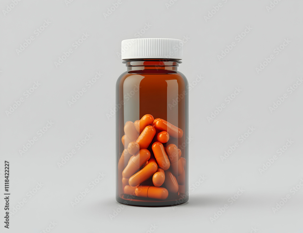 A brown glass bottle with a white cap and orange pills inside, on a plain background A brown glass bottle with a white cap and orange pills inside, on a plain background