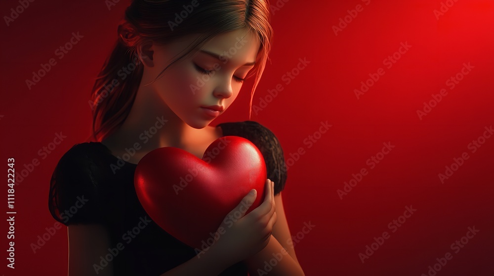 Young asian woman in red holding red heart on red background with copy space for text. Young asian woman in red holding red heart on red background with copy space for text.