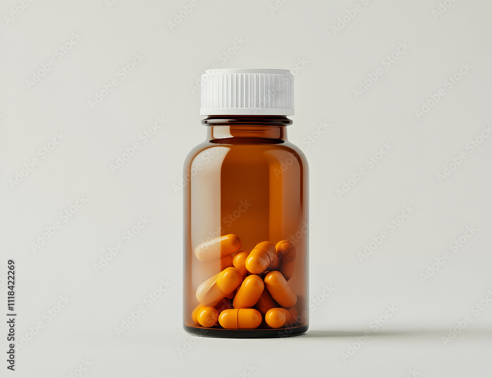 A brown glass bottle with a white cap and orange pills inside, on a plain background A brown glass bottle with a white cap and orange pills inside, on a plain background