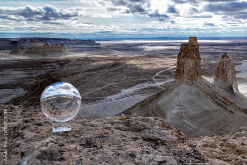 Mangistau, Bozzhyra. View in lensball. Mountains in the desert. Inverted reflection in glass in the sun. The world inside out photo