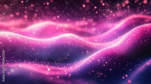 Abstract pink wave pattern with glowing particles in dark background