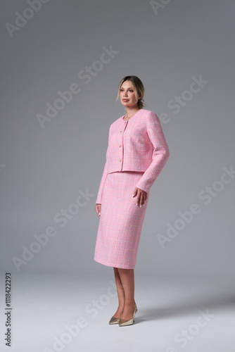 Fashion shooting in studio . Professional model , fashionable clothes and style, new collection. stylish look.
