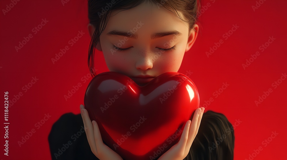 Young asian woman in red holding red heart on red background with copy space for text. Young asian woman in red holding red heart on red background with copy space for text.