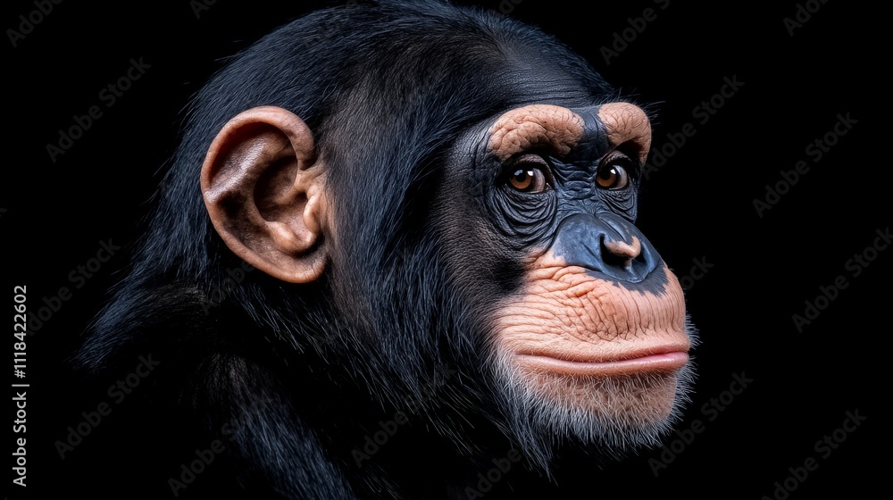 Chimpanzee Portrait: A captivating close-up of a chimpanzee's thoughtful gaze against a stark black background. The image highlights the primate's expressive eyes and unique features. Chimpanzee Portrait: A captivating close-up of a chimpanzee's thoughtful gaze against a stark black background. The image highlights the primate's expressive eyes and unique features.
