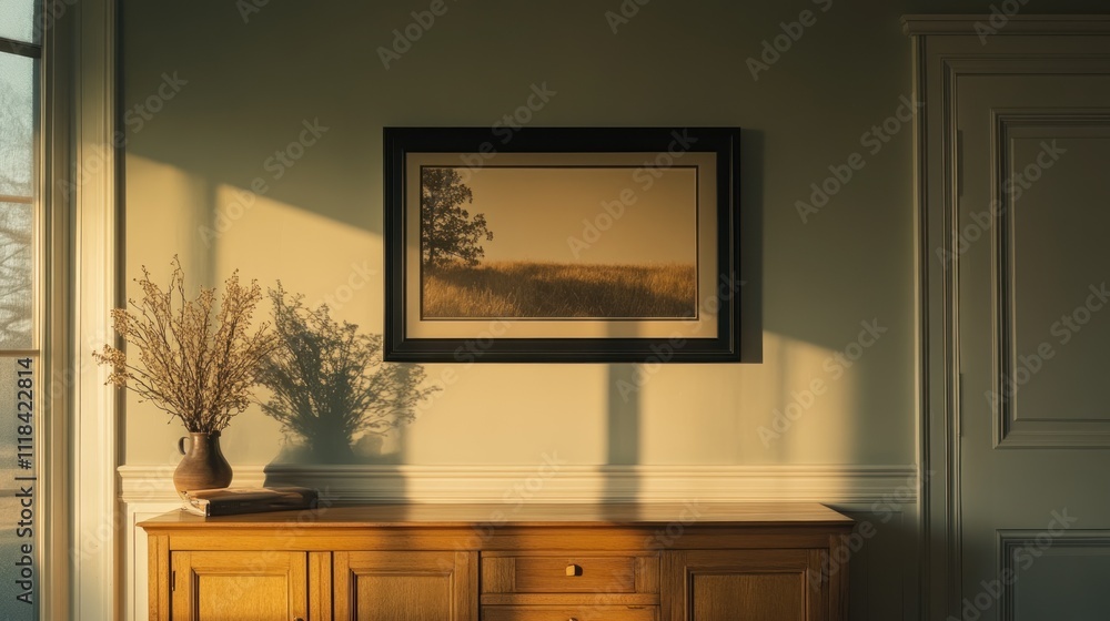 Sunlit Room Interior Featuring Artwork And Wooden Cabinet Sunlit Room Interior Featuring Artwork And Wooden Cabinet