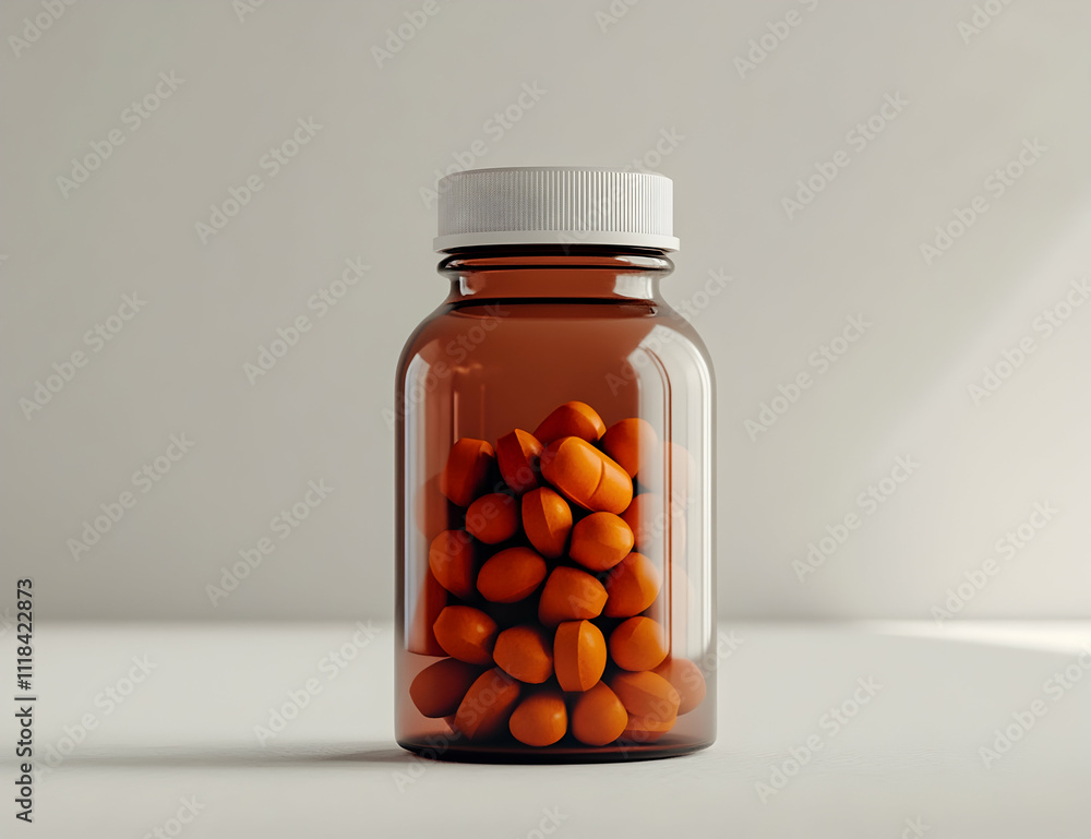 A brown glass bottle with a white cap and orange pills inside, on a plain background A brown glass bottle with a white cap and orange pills inside, on a plain background