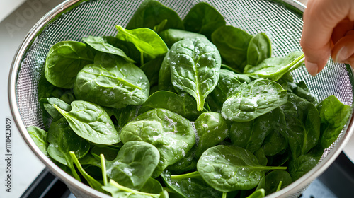 Healthy food for longevity and lifestyle medicine concept. Fresh spinach leaves being washed in a colander for healthy eating.