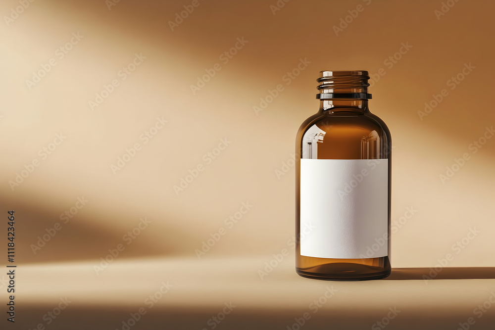 A blank white label on an amber glass bottle mockup, placed against a soft brown background