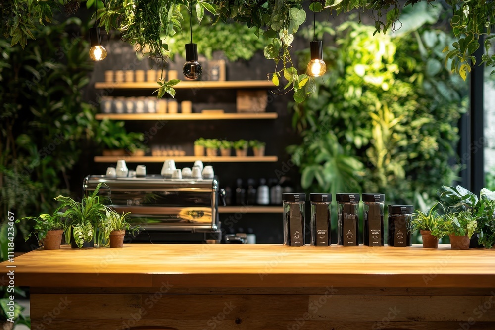 A cozy caf? with lush greenery, showcasing a coffee machine and potted plants. A cozy caf? with lush greenery, showcasing a coffee machine and potted plants.
