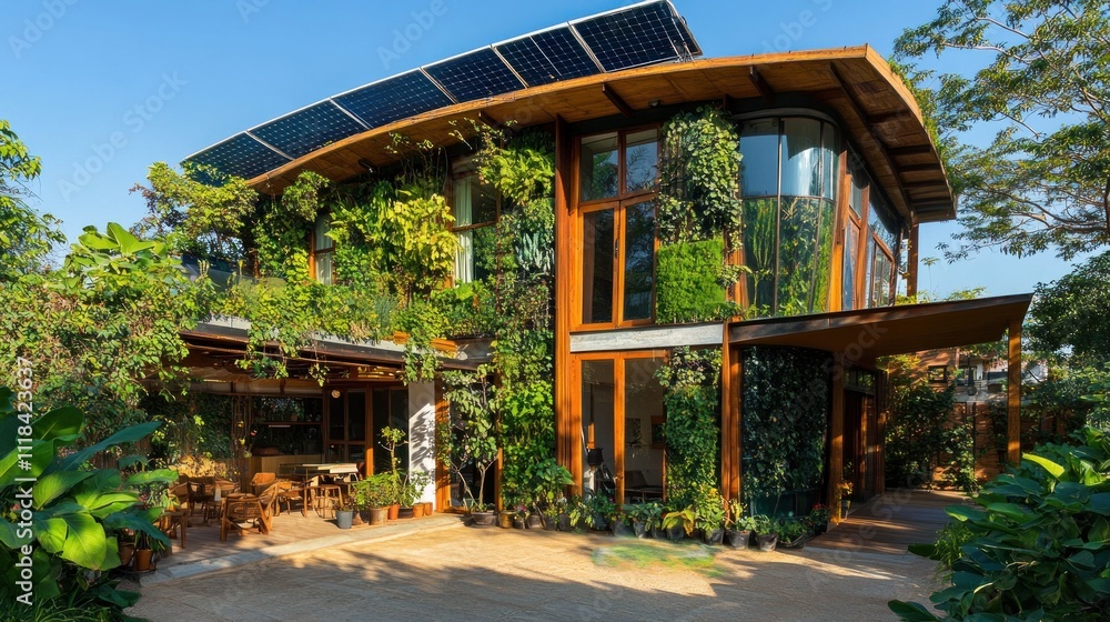 Modern Eco House With Lush Green Vertical Garden And Solar Panels Modern Eco House With Lush Green Vertical Garden And Solar Panels