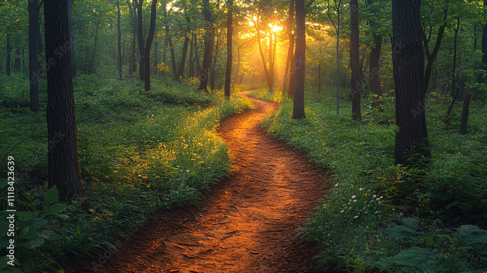 Fototapeta premium A picturesque winding trail in a vibrant forest, perfect for promoting outdoor activities, travel, nature retreats, and wellness events.