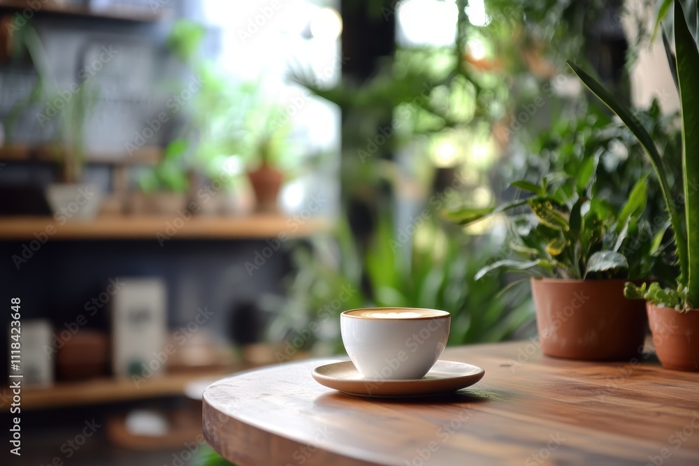 A serene coffee scene surrounded by lush greenery and wooden decor. A serene coffee scene surrounded by lush greenery and wooden decor.