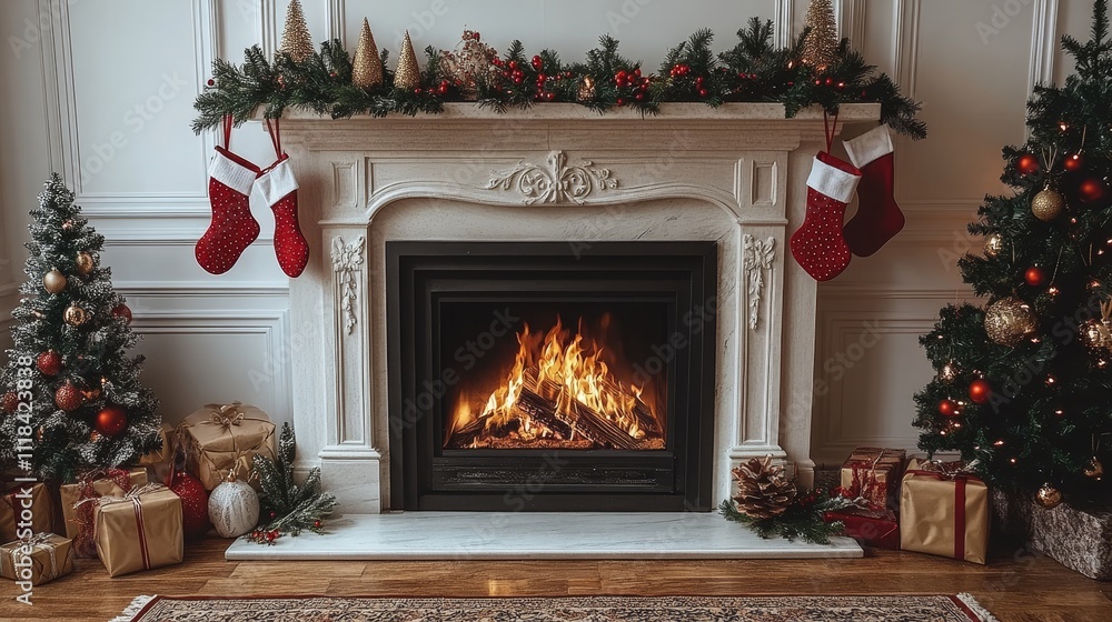 Cozy christmas fireplace with decorations and gifts under the tree Cozy christmas fireplace with decorations and gifts under the tree
