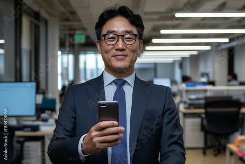 confident executive in suit holding smartphone, smiling warmly in modern office environment with desks and computers in background