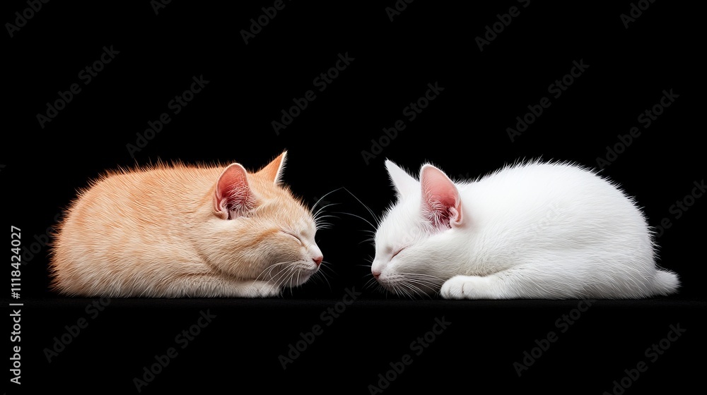 Peaceful slumber: Two adorable kittens, one cream and one white, sleep soundly side-by-side against a dramatic black background. A heartwarming image of feline companionship and tranquility. Peaceful slumber: Two adorable kittens, one cream and one white, sleep soundly side-by-side against a dramatic black background. A heartwarming image of feline companionship and tranquility.