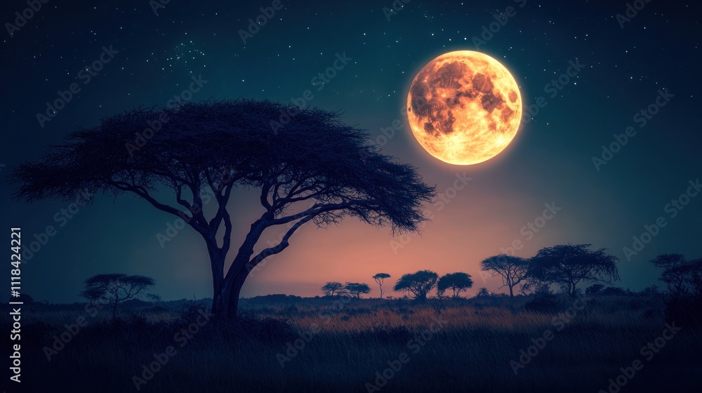 African Savanna Night Scene Underneath a Large Orange Moon African Savanna Night Scene Underneath a Large Orange Moon