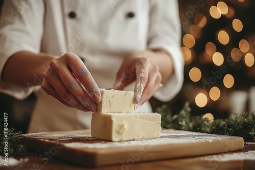 A chef skillfully prepares ingredients for crafting homemade vegan cheese, showcasing the art of cooking in a cozy kitchen filled with warm holiday lights.