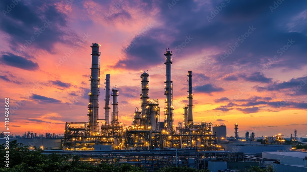 Industrial complex illuminated at sunset against a colorful sky. Industrial complex illuminated at sunset against a colorful sky.