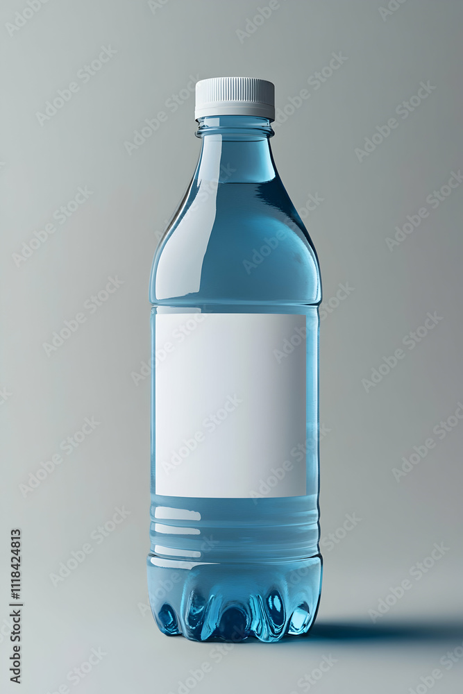 A blue water bottle with a white label, front view
