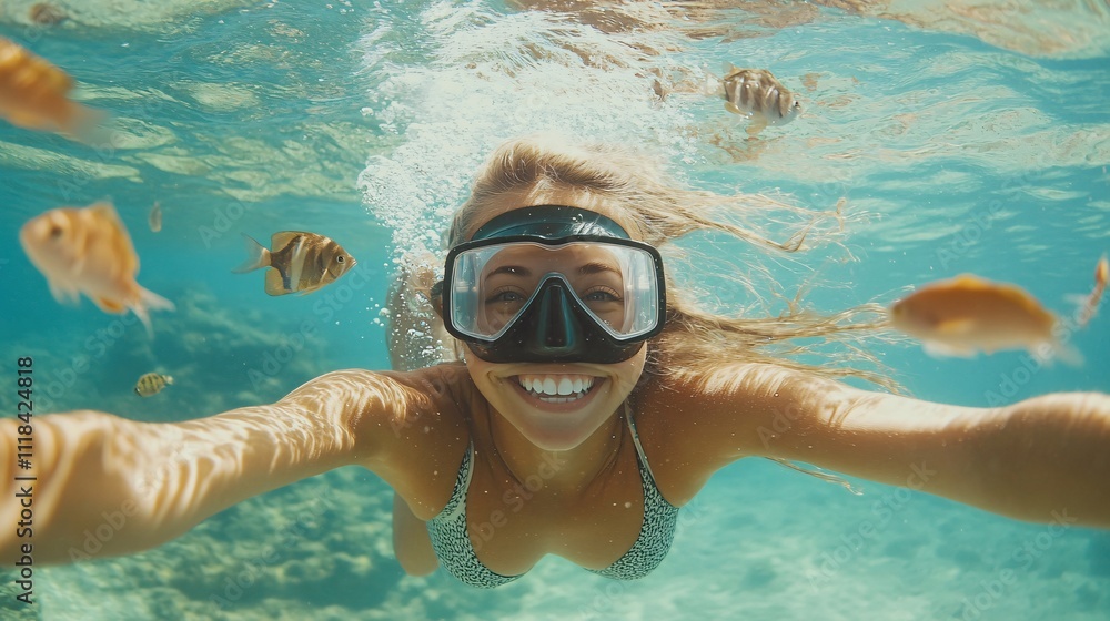 Naklejka premium Tourist snorkeling underwater and taking selfie surrounded by fish
