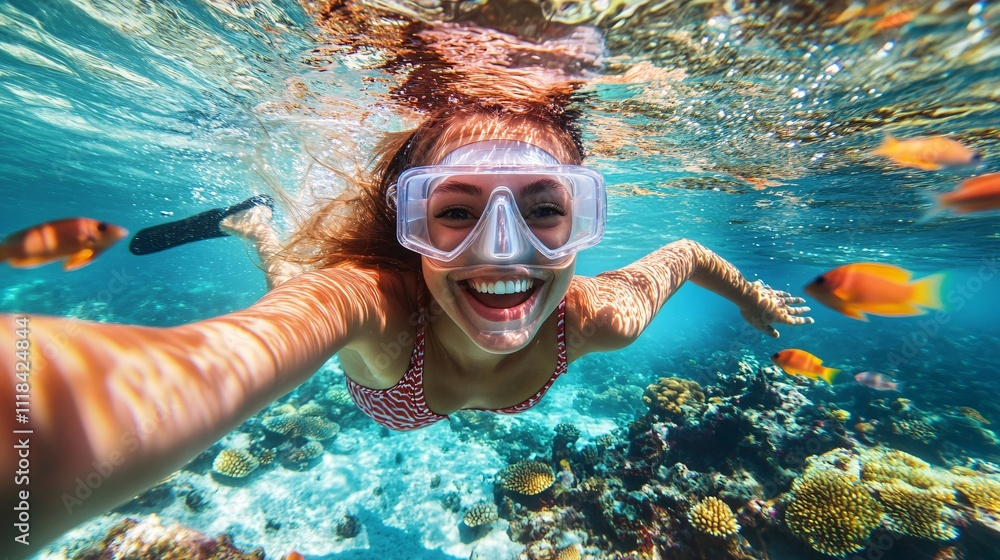 Naklejka premium Happy tourist taking underwater selfie while snorkeling in coral reef